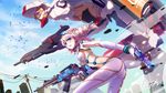  :d benghuai_xueyuan blue_eyes blue_sky blush breasts cloud commentary_request cowboy_shot day drill_hair dual_wielding floating_hair from_side gloves groin gun hair_ornament hairband hairclip handgun holding holding_gun holding_weapon iotower kiana_kaslana leaning_forward long_hair looking_at_viewer looking_to_the_side mecha medium_breasts navel open_mouth pantyhose revealing_clothes rifle silver_hair sky smile solo stomach twin_drills underboob weapon white_gloves 
