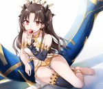  anklet armlet bare_shoulders barefoot black_legwear black_ribbon blush brown_hair covering_mouth crystal detached_sleeves earrings fate/grand_order fate_(series) hair_ribbon hoop_earrings ishtar_(fate/grand_order) jewelry leaning_on_object leaning_to_the_side long_hair long_legs red_eyes ribbon shiao single_detached_sleeve single_sleeve single_thighhigh sitting solo thighhighs twintails yokozuwari 