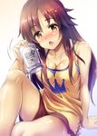  arm_support bangs beer_can blush breasts brown_hair can cleavage collarbone hair_ornament hairclip himekawa_yuki idolmaster idolmaster_cinderella_girls knee_up legs long_hair looking_at_viewer medium_breasts ment open_mouth orange_eyes shirt short_shorts shorts sitting solo tank_top thighs yellow_shirt 