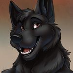  2017 anthro black_fur black_lips black_nose brown_eyes canine cheek_tuft digital_media_(artwork) eyebrows fangs front_view fur gradient_background head_tuft headshot_portrait icon ifus lips looking_at_viewer male mammal open_mouth pink_tongue portrait silver_fang simple_background smile solo teeth tongue tuft wolf 