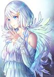 angel angel_wings artist_name blue_eyes blush dress fingers_together frilled_dress frills hair_ornament original parted_lips profile shiny shiny_skin short_hair star star_hair_ornament steepled_fingers tamaki_mitsune white_dress white_hair white_wings wings 