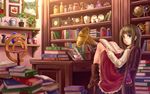  blue_eyes book book_stack boots brown_footwear brown_hair chair clock cup desk dress holding holding_book hourglass jar long_hair looking_at_viewer open_book original painting phonograph plant plate potted_plant shelf sitting solo steam teacup wasabichan watering_can 