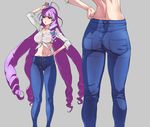  arm_up ass ass_visible_through_thighs breasts cleavage collarbone commentary_request denim don_(rg06268) eyebrows_visible_through_hair front-tie_top grey_background hand_on_hip highres jeans large_breasts long_hair macross macross_delta midriff mikumo_guynemer multicolored_hair multiple_views navel pants parted_lips purple_hair red_eyes shiny shiny_skin shirt simple_background standing sweat thigh_strap tied_shirt very_long_hair wet wet_clothes wet_shirt 
