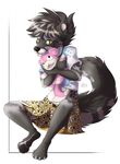  4_toes 5_fingers anthro black_nose canine dog fur grey_fur grey_hair hair male mammal navel open_mouth rikitoka simple_background smile solo toes white_background yellow_eyes 