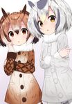  blush brown_coat brown_eyes brown_hair coat coat_dress commentary_request crossed_arms doorknoble eurasian_eagle_owl_(kemono_friends) fur_collar hair_between_eyes head_wings highres kemono_friends long_sleeves looking_at_viewer multicolored_hair multiple_girls northern_white-faced_owl_(kemono_friends) open_mouth short_hair white_background white_coat white_hair wings 