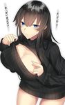  bangs black_hair blue_eyes breasts cleavage closed_mouth clothes_pull collarbone commentary_request cowboy_shot daijoubu?_oppai_momu? dress expressionless fingernails hair_between_eyes half-closed_eyes highres large_breasts legs_apart long_hair looking_at_viewer meme_attire naked_sweater onineko-chan open-chest_sweater original ribbed_sweater simple_background solo standing sweater sweater_dress sweater_pull translated tsurime turtleneck turtleneck_sweater white_background 