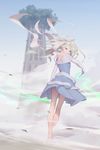  barefoot blonde_hair blue_eyes diana_cavendish dress elbow_gloves gloves highres leaf little_witch_academia long_hair magic maredoro smoke wand 