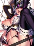  absurdres arms_up blush breast_grab breasts cian_yo from_behind garter_belt glasses grabbing highres hood large_breasts league_of_legends maid_headdress md5_mismatch nipples one_eye_closed open_mouth pubic_hair puffy_sleeves purple_eyes silver_hair solo_focus spread_legs syndra teeth thighhighs tongue tongue_out 