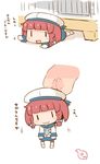  2koma :3 blue_neckwear blue_skirt blush_stickers braid chibi comic commentary_request etorofu_(kantai_collection) gloves hanomido hat highres kantai_collection lifting_person long_sleeves lying minigirl neckerchief on_stomach open_mouth red_hair sailor_hat school_uniform serafuku short_hair simple_background skirt translation_request twin_braids white_background |_| 