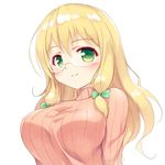  blazblue blonde_hair breasts glasses green_eyes large_breasts long_hair naoki_(endofcentury102) pink_sweater ribbed_sweater ribbon smile solo sweater trinity_glassfield turtleneck turtleneck_sweater upper_body 