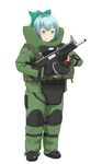  aa-12 bangs bomb_suit bow commentary_request eod-9 green_hair gun hair_bow highres kantai_collection maaranto military ponytail shotgun sparkle weapon yuubari_(kantai_collection) 