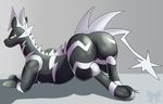  2017 ambiguous_gender butt digital_media_(artwork) equine frostyribbons looking_at_viewer mammal nintendo pok&eacute;mon simple_background solo video_games zebra zebstrika 