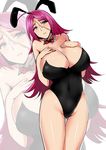  1girl ahoge animal_ears bare_shoulders blue_eyes blush breasts bunny_suit choker cleavage fate/extra fate_(series) large_breasts long_hair pink_hair rider_(fate/extra) scar 