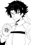  chaldea_uniform clenched_hand command_spell cosplay domon_kasshu fate/grand_order fate_(series) fingerless_gloves fujimaru_ritsuka_(male) fujimaru_ritsuka_(male)_(cosplay) g_gundam gloves greyscale gundam hair_intakes harukon_(halcon) headband highres looking_at_viewer male_focus monochrome scar solo source_request uniform upper_body 