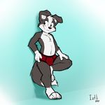  4_fingers 4_toes black_fur blush briefs bulge canine clothing dog fur iztli male mammal navel simple_background solo standing toes underwear 