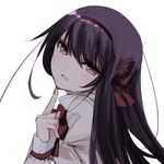  absurdres akemi_homura bad_id bad_pixiv_id bangs bow drill_hair fingernails hair_bow hairband hand_up highres long_hair looking_at_viewer mahou_shoujo_madoka_magica misteor multicolored_shirt pointing_finger purple_eyes purple_hair red_bow red_hairband school_uniform sketch solo touching white_background 