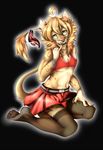  5_fingers black_background black_lips blonde_hair clothed clothing crossdressing feline green_eyes hair kneeling lion male mammal midriff navel pink_nose rikitoka simple_background smile 