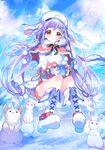  ahoge animal blue_sky boots braid breath bunny capelet cup day glacier gloves gyakushuu_no_fantasica hat highres long_hair looking_at_viewer mug official_art outdoors pom_pom_(clothes) purple_hair rassie_s red_eyes sitting sky snow snowflakes sparkle sunlight watermark white_footwear white_gloves white_hat 