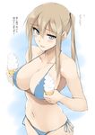  bare_arms bare_legs bare_shoulders bikini blonde_hair blue_bikini blue_eyes breasts commentary_request food graf_zeppelin_(kantai_collection) hair_between_eyes ice_cream kantai_collection large_breasts long_hair sidelocks solo swimsuit translated twintails zekkyon 