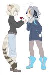  ambiguous_gender blue_eyes blue_nose book canine cat clothed clothing dog duo feline grey_hair hair mammal rikitoka simple_background standing white_background white_hair 