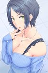  bangs black_hair breasts cleavage commentary_request hayami_kanade idolmaster idolmaster_cinderella_girls idolmaster_cinderella_girls_starlight_stage jewelry looking_at_viewer medium_breasts necklace parted_bangs short_hair solo toyatokage v yellow_eyes 