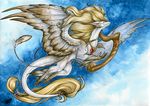  2017 blonde_hair claws dragon feathered_dragon feathered_wings feathers female feral hair natoli smile solo traditional_media_(artwork) wings 