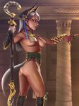  animal_ears ass breasts dark_skin ear_ornament egyptian_clothes green_eyes highres holding holding_staff horiishi_horuto jewelry large_breasts long_hair original parted_lips pointing silver_hair solo staff tail 