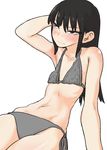  arm_behind_head bikini black_hair flat_chest long_hair nagayama_(zappazappa) navel original oversized_clothes side-tie_bikini swimsuit tsurime white_background 