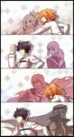  3girls 4koma adjusting_clothes adjusting_gloves airgetlam_(fate) bedivere blue_fire checkered checkered_background choco_taberusan comic fate/apocrypha fate/grand_order fate/stay_night fate_(series) fire florence_nightingale_(fate/grand_order) fog fujimaru_ritsuka_(female) fujimaru_ritsuka_(male) gilgamesh gilgamesh_(caster)_(fate) gloves mordred_(fate) mordred_(fate)_(all) multiple_boys multiple_girls prosthesis prosthetic_arm running 