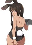  animal_ears ass bare_back bare_shoulders black_hair black_leotard brown_eyes bunny_ears bunny_tail bunnysuit covering covering_ass detached_collar from_behind highres holding leotard long_hair looking_back original solo strapless strapless_leotard tail toy_box-r tray wrist_cuffs 