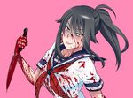  ayano_aishi black_eyes black_hair blood blood_on_face blood_splatter bloody_clothes bloody_weapon commentary evil_smile kjech knife official_art ponytail school_uniform smile weapon yandere_simulator 