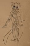  2016 android anthro ara breasts cat clothed clothing cybernetics feline female fluff-kevlar hair leaning long_hair looking_at_viewer machine mammal nipples panties robot sketch solo standing thong topless underwear 