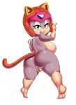  2017 anthro anus areola armor bedroom_eyes big_breasts big_butt blue_eyes blush breasts butt cat eyelashes feline female gray_impact half-closed_eyes helmet hi_res mammal nude open_mouth polly_esther pussy samurai_pizza_cats seductive short_stack simple_background solo white_background 