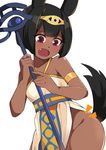  animal_ears bare_shoulders black_hair dark_skin dress egyptian fang groin highres holding no_panties open_mouth original pelvic_curtain red_eyes short_hair solo staff toy_box-r white_dress 