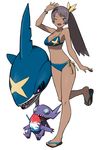  ;d accio arm_up bead_bracelet beads bikini black_eyes black_hair blue_bikini bracelet breasts cleavage dark_skin fang flip-flops full_body gen_3_pokemon jewelry long_hair medium_breasts navel one_eye_closed open_mouth pokemon pokemon_(creature) sableye sandals sharpedo shaved_ice side-tie_bikini side_ponytail simple_background smile standing standing_on_one_leg strap_gap swimsuit white_background 