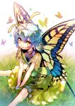  absurdres antennae artist_name blue_hair bug butterfly butterfly_wings commentary dress eternity_larva from_above grass green_dress hair_ornament highres hinasumire insect leaf leaf_hair_ornament looking_at_viewer on_ground open_mouth short_hair sitting solo touhou wings yellow_eyes yellow_wings 