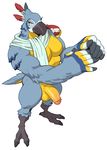  anthro avian balls beak biceps bird blue_feathers breath_of_the_wild feathers half-erect humanoid_penis kass_(zelda) looking_at_viewer male muscular nintendo nude pecs penis rito solo standing talons the_legend_of_zelda toomanyboners video_games yellow_eyes yellow_feathers 