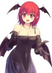  :d alternate_costume bare_shoulders bat_wings black_dress black_gloves blush breasts cleavage collarbone culter dress elbow_gloves eyebrows_visible_through_hair gloves head_wings koakuma looking_at_viewer medium_breasts navel off_shoulder open_mouth panties pointy_ears red_eyes red_hair round_teeth see-through short_hair simple_background sleeveless slit_pupils smile solo standing teeth touhou twitter_username underwear upper_teeth white_background wings 