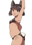  animal_ears arm_up armpits ass bikini black_bikini black_hair breasts cat_ears dark_skin from_side green_eyes highres navel no_tail open_mouth original short_hair side-tie_bikini small_breasts solo swimsuit toy_box-r 