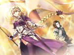  1girl armor bangs black_eyes black_hair black_legwear black_ribbon blonde_hair blue_eyes braid capelet caster_(fate/zero) commentary_request fate/apocrypha fate/grand_order fate_(series) faulds flag fleur_de_lis gauntlets gilles_de_rais_(fate/grand_order) hair_ribbon headpiece holding holding_flag jeanne_d'arc_(fate) jeanne_d'arc_(fate)_(all) long_hair looking_at_another parted_lips pauldrons pixiv_id ribbon single_braid smile standard_bearer standing thighhighs tress_ribbon trianon very_long_hair watermark web_address 