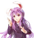  :o animal_ears artist_name blazer bunny_ears finger_gun hand_gesture highres jacket lavender_hair long_hair metal_gear_(series) necktie non-web_source open_mouth parody purple_hair red_eyes red_neckwear reddverse reisen_udongein_inaba shirt signature simple_background solo touhou white_background white_shirt you're_pretty_good 