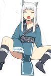  accio ainu_clothes animal_ears blue_eyes cat_ears ku_(accio) one_eye_closed open_mouth original shirt_slip sitting sleeves_past_wrists slit_pupils solo spread_legs white_hair yawning 