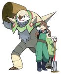  :d accio ahoge boots brown_hair chesnaught full_body gen_6_pokemon gloves green_eyes holding holding_towel long_hair looking_at_another open_mouth overalls pitchfork pokemon pokemon_(creature) simple_background smile solo standing sweatdrop teeth towel twintails white_background white_gloves 