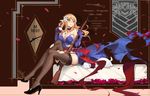  alcohol between_legs black_panties blonde_hair blue_eyes blush bolt_action breasts character_name choker cleavage crossed_legs cup dress drinking_glass drunk formal full_body garter_straps girls_frontline guernical gun hair_ornament high_heels highres large_breasts legs long_hair long_legs looking_at_viewer mosin-nagant mosin-nagant_(girls_frontline) off_shoulder panties rifle scope sitting thighhighs thighs torn_clothes torn_dress torn_legwear underwear weapon wine wine_glass 