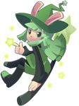  bangs blunt_bangs broom broom_riding bunny cucumber_quest dress full_body green_dress green_eyes green_hair hat long_sleeves looking_at_viewer mary_cagle peridot_(cucumber_quest) pinafore_dress sidesaddle smile star transparent_background witch_hat 