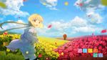 1girl alice_to_zouroku anchovy_(artist) bad_id bad_pixiv_id blonde_hair bouquet cloud copyright_name day field flower flower_field frilled_skirt frills hair_ornament hair_scrunchie hood hoodie horizon kashimura_sana kashimura_zouroku looking_at_viewer low_twintails motion_blur open_clothes open_hoodie open_mouth outdoors petals red_eyes scrunchie skirt solo_focus striped striped_legwear thighhighs twintails wallpaper 