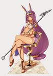  cross-laced_footwear crossed_legs earrings egyptian_clothes error esg_(essagna) facial_mark fate/grand_order fate_(series) highres jewelry long_hair looking_at_viewer nitocris_(fate/grand_order) purple_eyes purple_hair sitting solo staff very_long_hair wrong_feet 