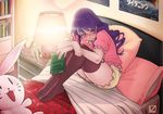  alarm_clock bed bed_sheet blanket blouse blush book bookshelf bunny clock commentary doll drawer floral_print flower hair_down hair_flower hair_ornament kizana_sunobu kjech lamp phone pillow pink_blouse poster_(object) purple_eyes purple_hair romeo_and_juliet rose shorts sweatdrop yandere_simulator 