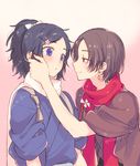  black_hair blue_eyes blush bow brown_hair earrings hair_bow hair_ornament hairclip hand_on_another's_face japanese_clothes jewelry kashuu_kiyomitsu male_focus mole mole_under_eye mole_under_mouth multiple_boys nail_polish plico_(nicoma) ponytail red_eyes red_nails scarf smile sparkle tasuki touken_ranbu touken_ranbu:_hanamaru yamato-no-kami_yasusada yaoi 