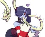  &lt;3 blue_hair blue_skin blush bone dragon fellatio female hair hair_over_eye leviathan_(skullgirls) male male/female noill oral red_eyes saliva sex simple_background skullgirls squigly stitches sweat tongue tongue_out undead vein white_background yellow_eyes zombie 